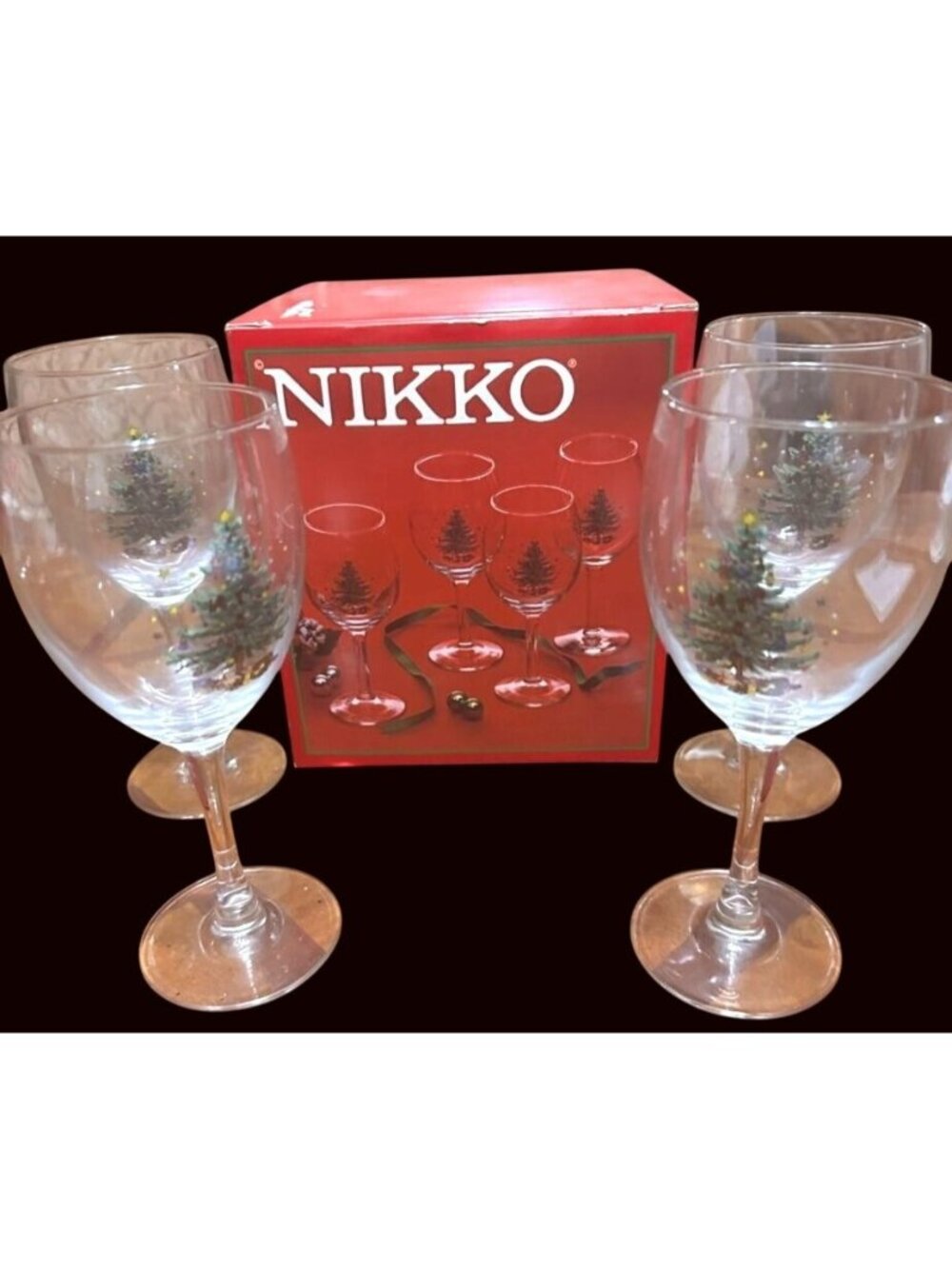 Nikko Christmas Tree Stemmed Wine Glasses Goblets Set Of 4 In Box NOS